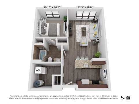 Floor plan for 1 bed, 1 bath, 667 sqft